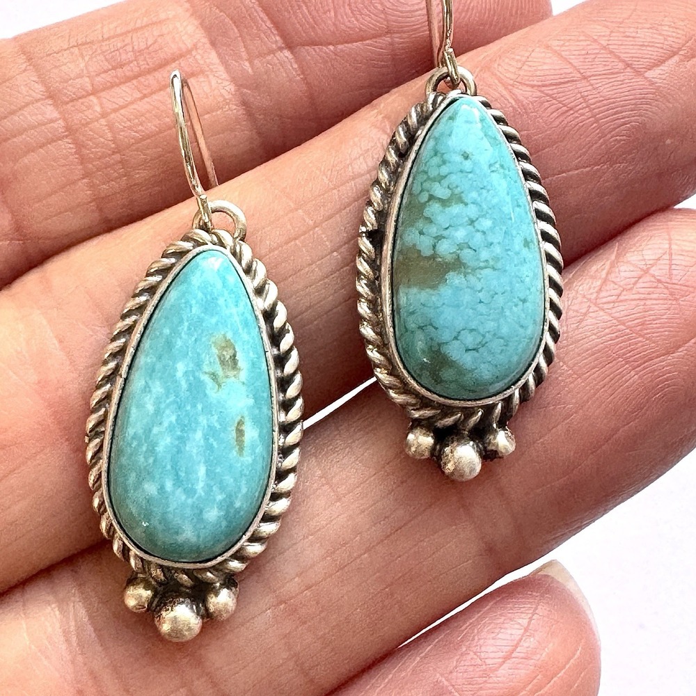 Navajo Earrings Teardrop Turquoise 1.5in Hook Dangle 925 Sterling Signed Largo